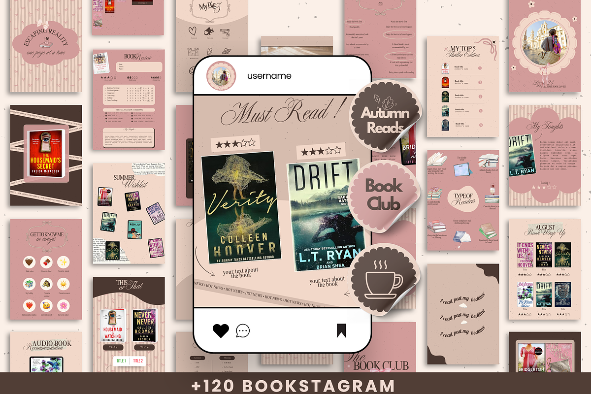 Bookstagram Coquette Template, a Social Media Template by PixelBloomClub (Photo 1 of 8)