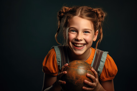 Cheerful headshot photo of a young girl with freckles and two br, a School & Education Photo by designvectx