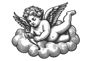 Cherub On Cloud Engraving Vector