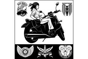 Sexy biker girl - monochrome vector, an Illustration by Digital-Clipart