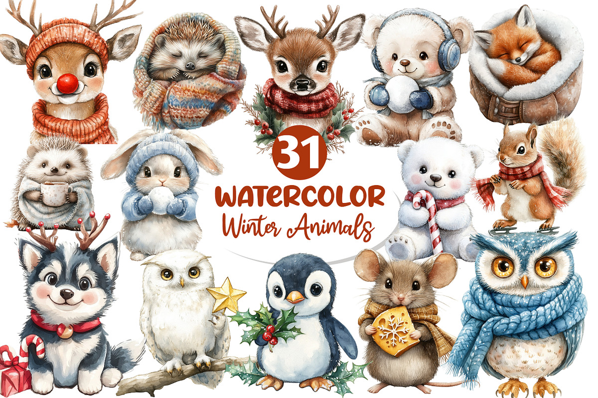 Cute Winter Animals Clipart, an Illustration by Dream Creation, image size:1200x800