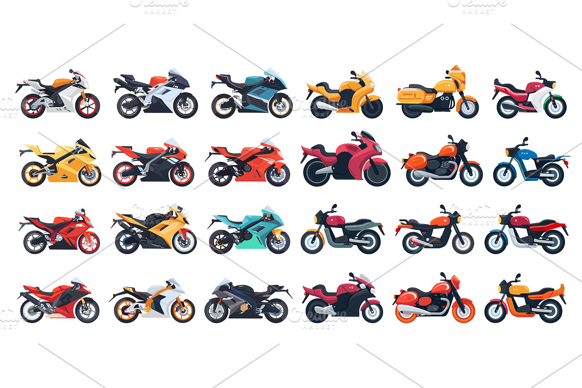 Cartoon flat motorbikes side view, an Object Illustration by LadadikArt