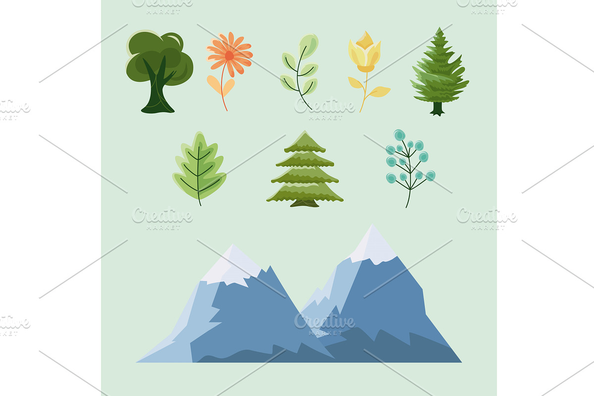 nine landscape nature icons, an Illustration by studiogstock
