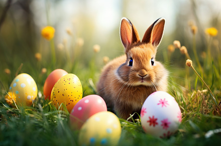 Beautiful bunny with colorful easter eggs on green grass, a Holiday Photo by AlyaAnd