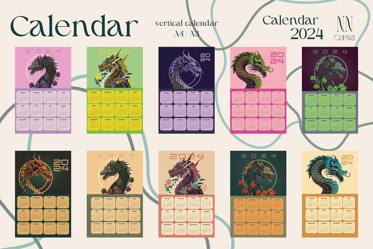 Dragon Calendar Templates 2024, a Print Template by NNclipart (Photo 4 of 15)