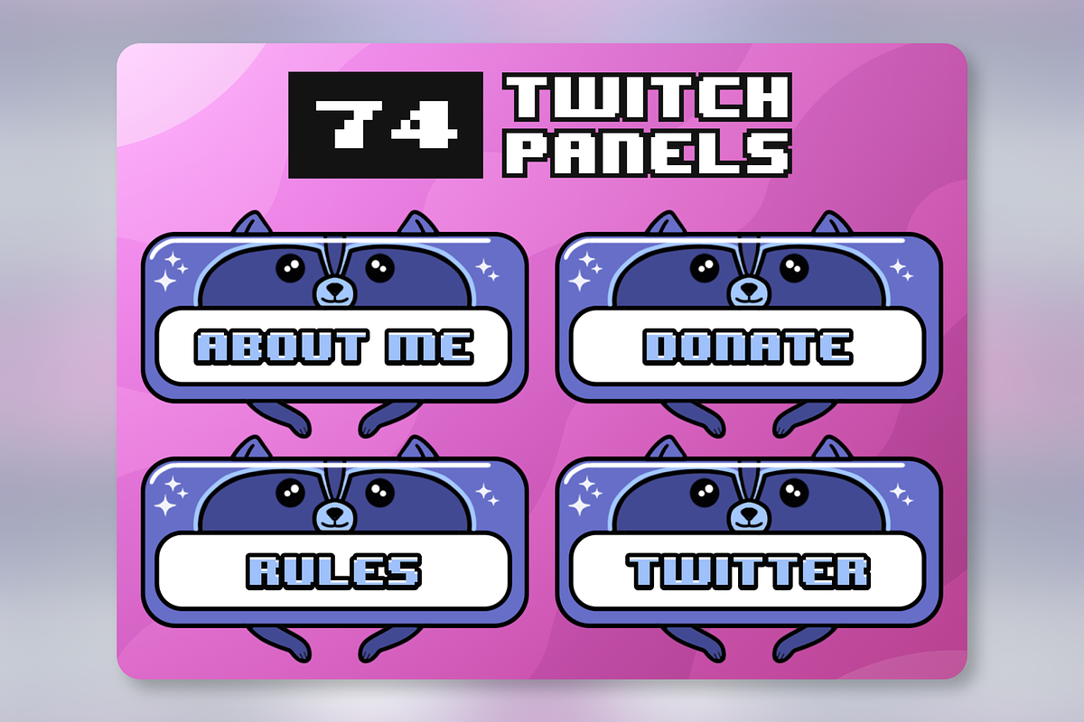 74x Blue Raccoon Twitch Panels, an Illustration by Custom Fonts & Patterns (Photo 1 of 2)