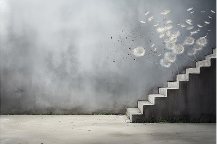 Dandelion seeds flying over concrete, a Background Photo by Ylivdesign