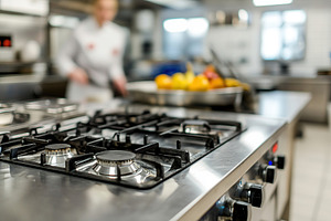 Gas stove in restaurant kitchen, a Photo by AlyaAnd