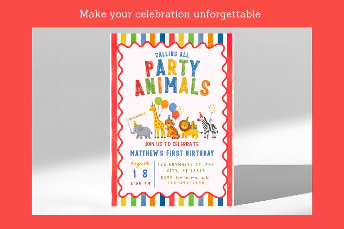Party Animals First Birthday Invite, an Invitation Template by Melii Designs (Photo 6 of 6)