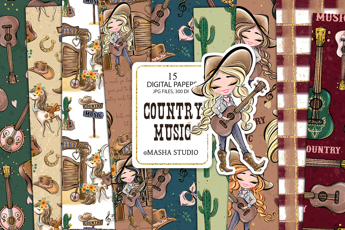 Country Music Seamless Patterns, a Pattern Graphic by Masha  Studio (Photo 1 of 8)