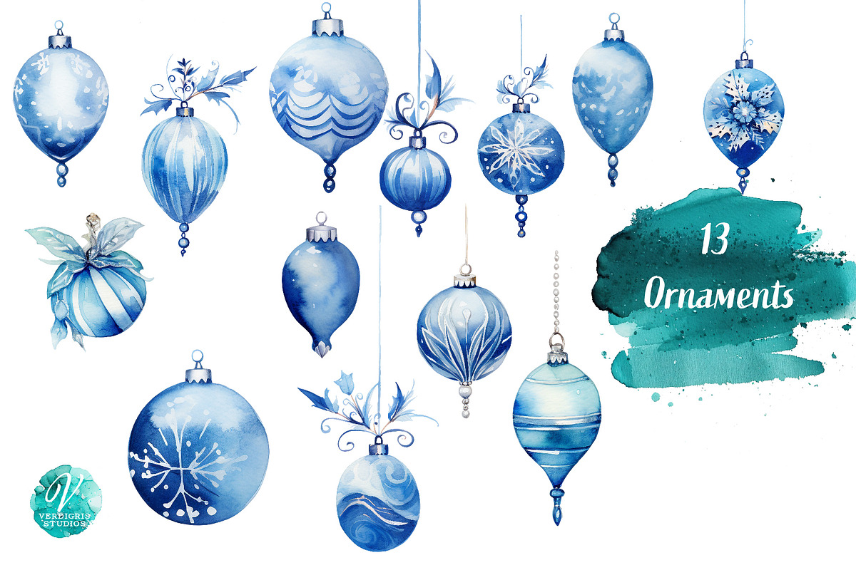 Blue Watercolor Christmas Decor Clip, a Seasonal Illustration by Verdigris Studios (Photo 2 of 4)