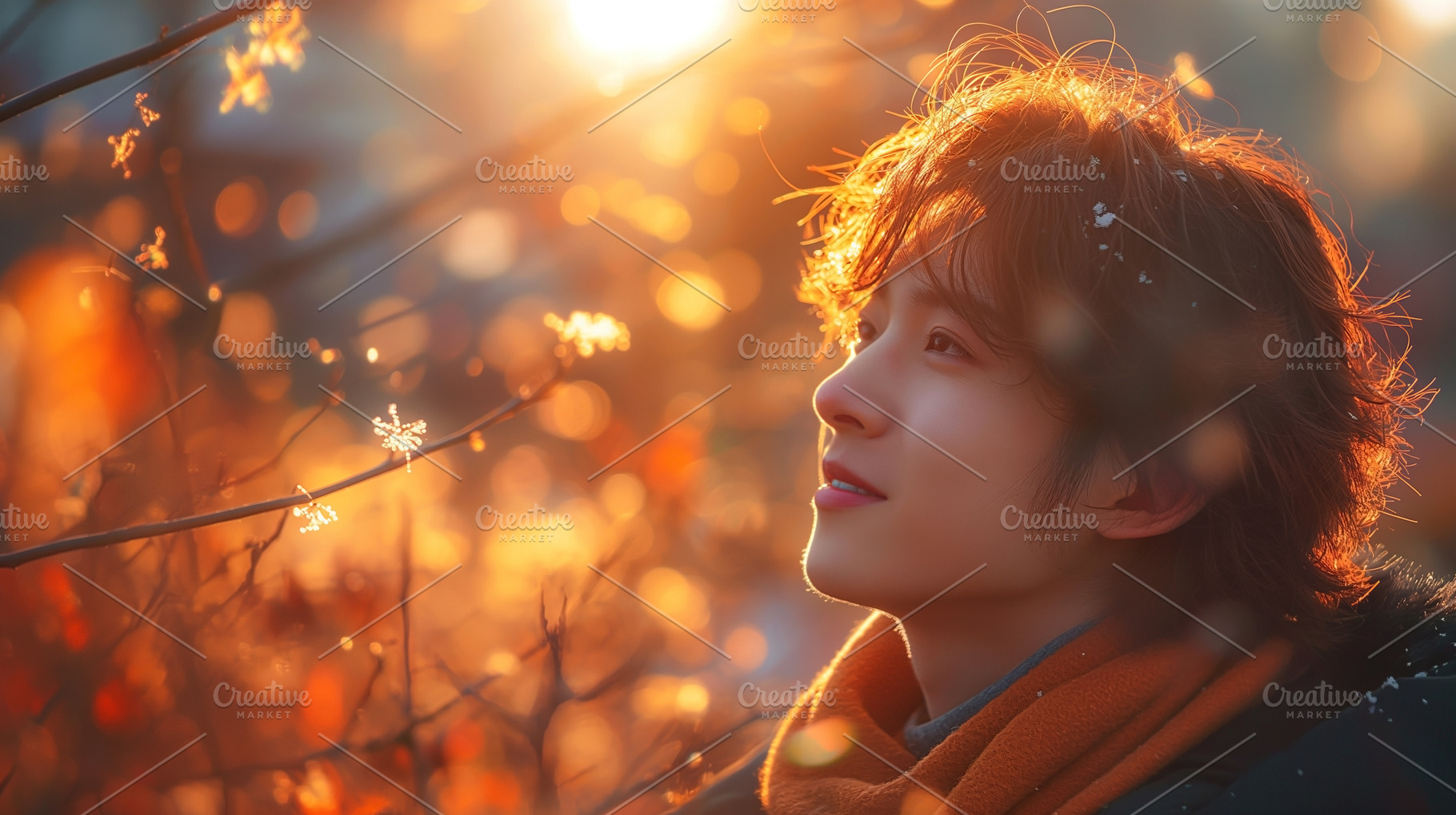A young Asian man gazes thoughtfully towards the sun, surrounded by autumn leav, a Person Photo by ImageMir
