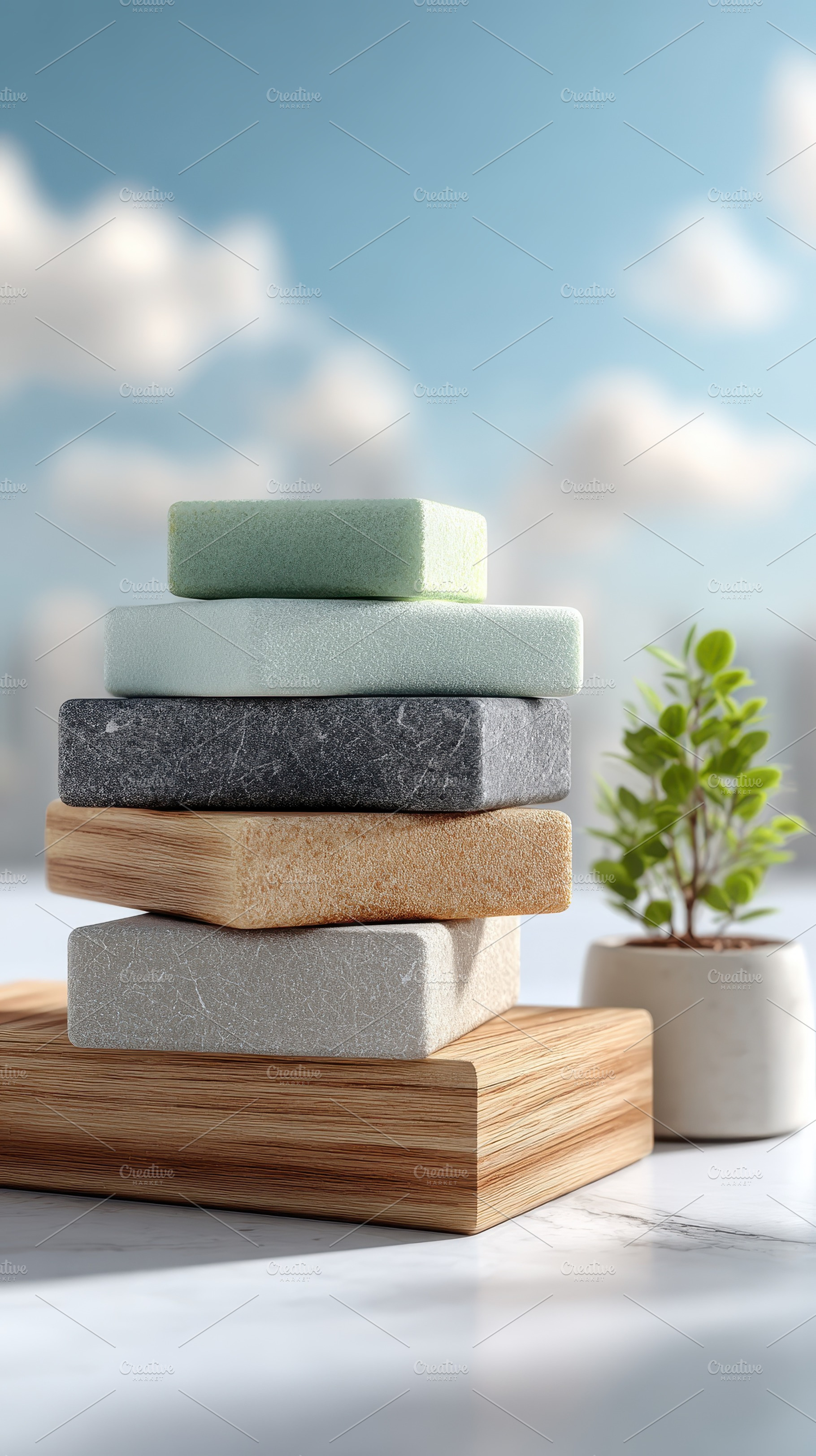 Stacked stones wood base plant pot m, a Photo by Pixeness Studio