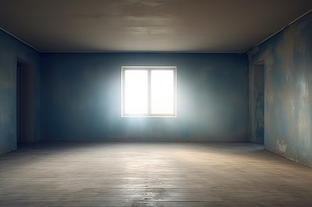 Interior of an old shabby room with blue walls, in need of renov, an Architecture Photo by Studio Light & Shade