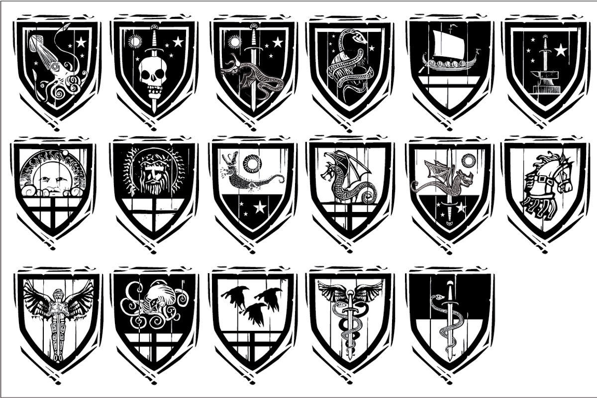 Woodcut Heraldic Shields, a Background Graphic by Xochicalco's Ruin