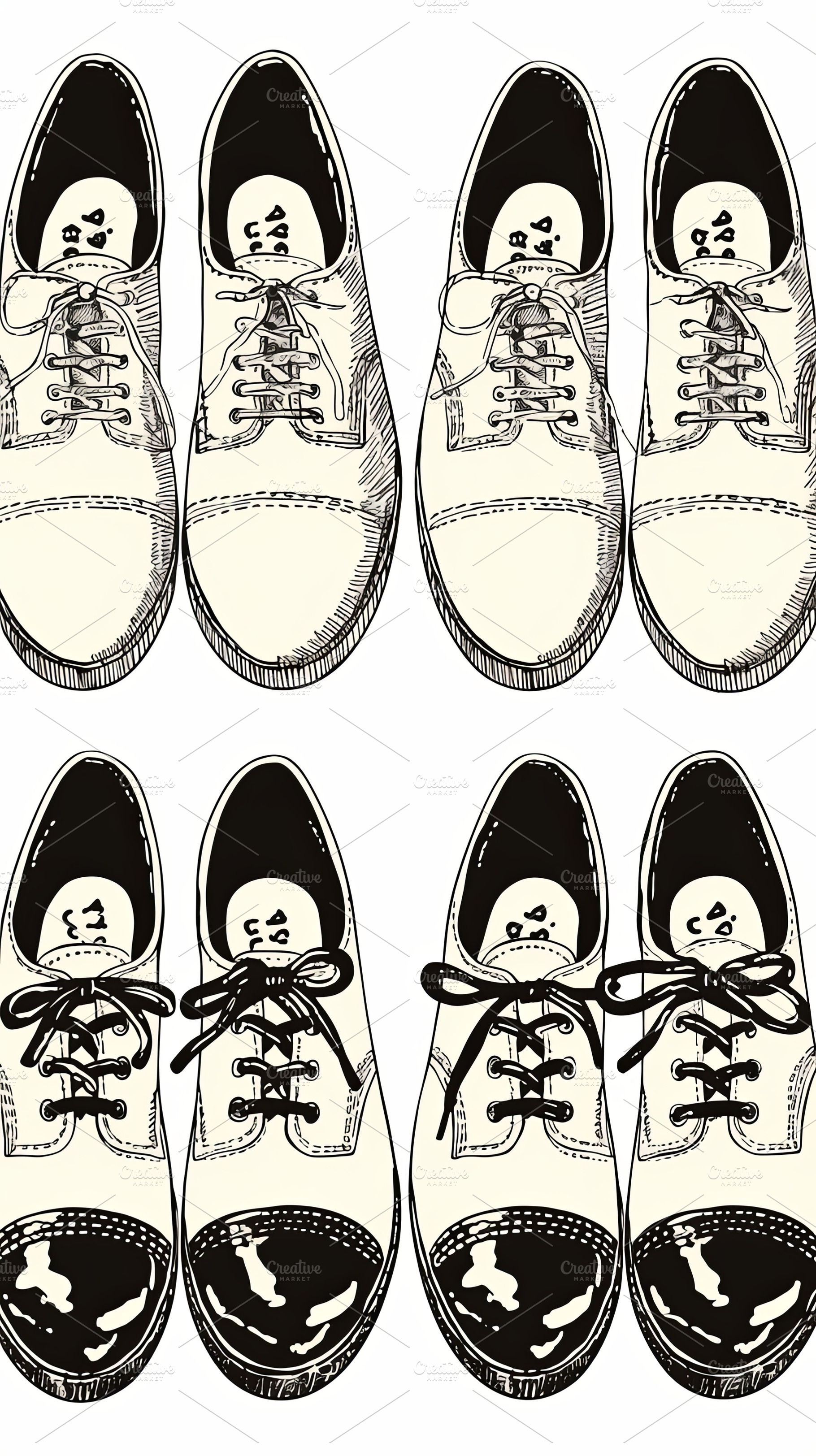 Illustration of three pairs of bowling shoes with unique hand-drawn details, a Photo by AS photostudio
