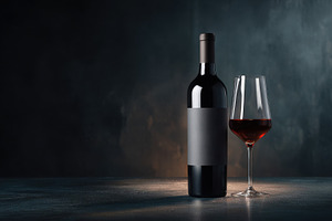 Red wine bottle and glass on table