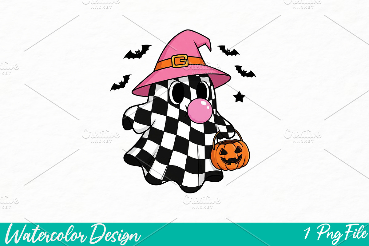 Cute Girly Ghost Blowing Bubble PNG, an Illustration by Watercolor design (Photo 1 of 3)
