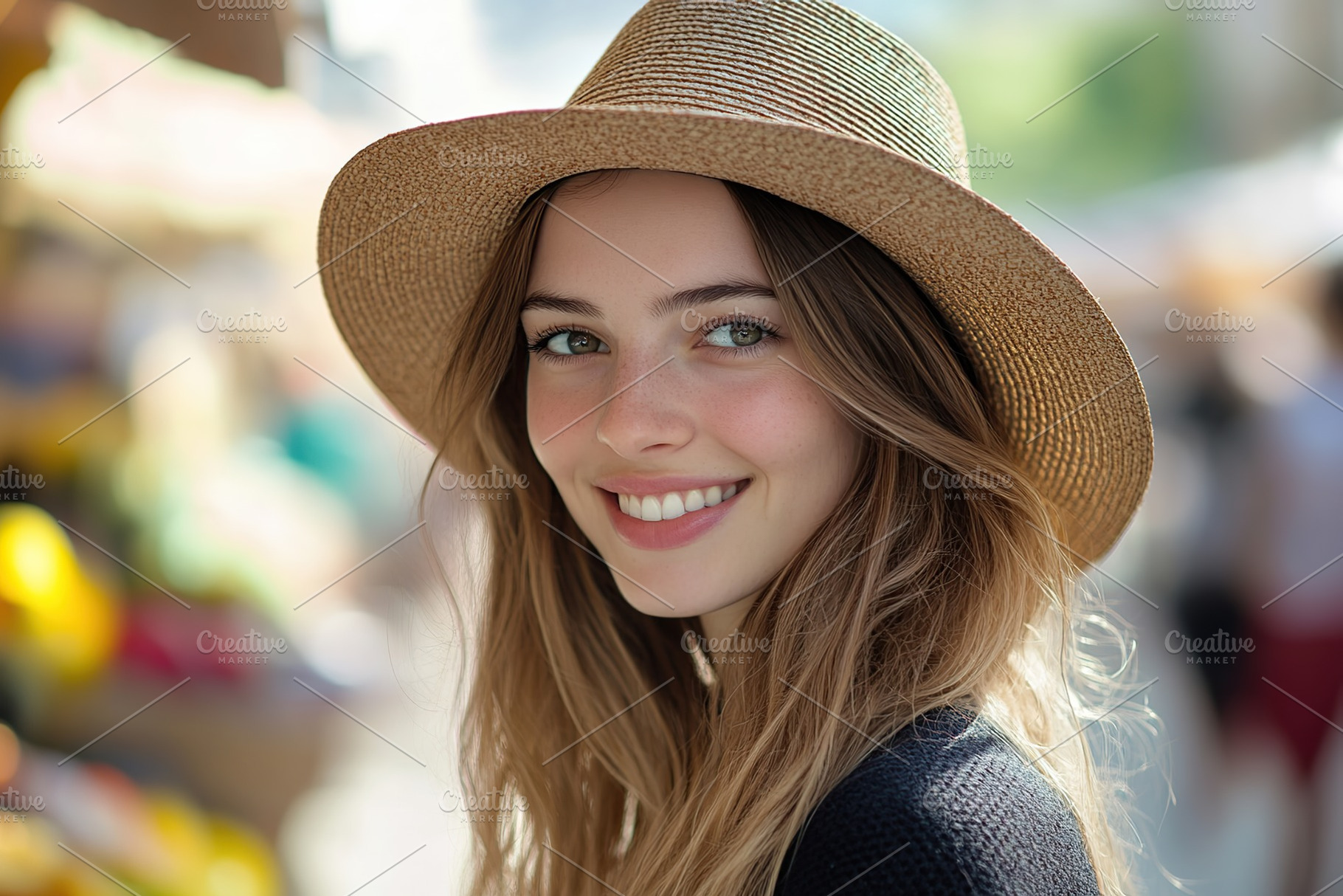 Young beautiful woman in panama hat walking on street market, a Photo by AlyaAnd