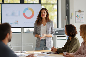 Businesswoman giving presentation te, a Photo by Pixeness Studio