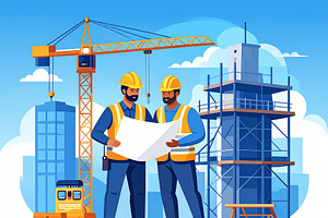 Two construction workers reviewing blueprint at construction sit, a Work Illustration by DanFLCreativo