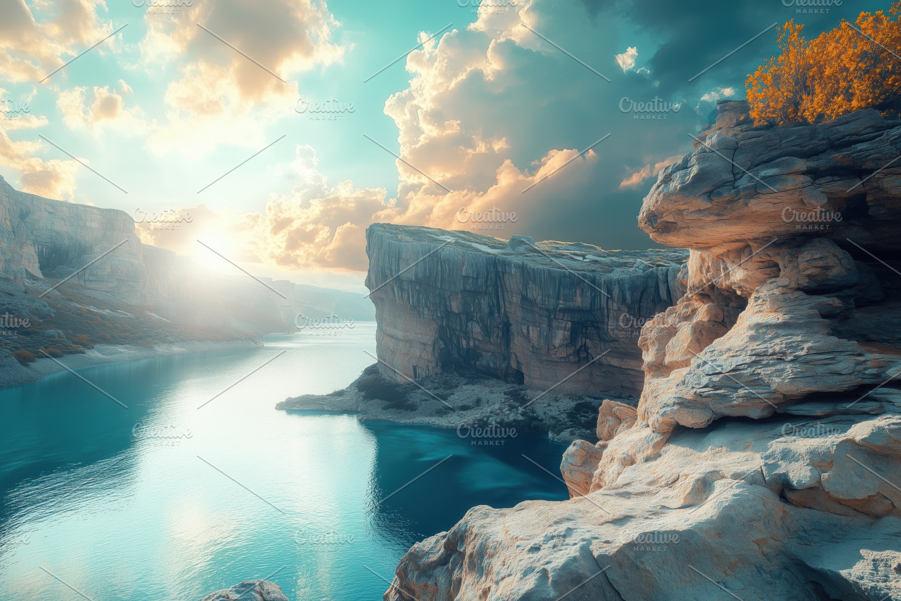 A breathtaking landscape featuring a serene river surrounded by towering cliffs, a Person Photo by Textures & Backgrounds