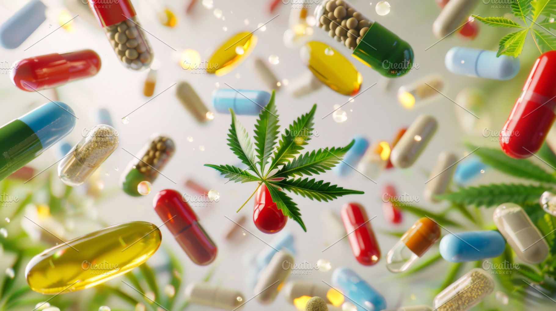 Colorful pills and cannabis leaves scattered on white background, a Photo by Dvoevnore photos