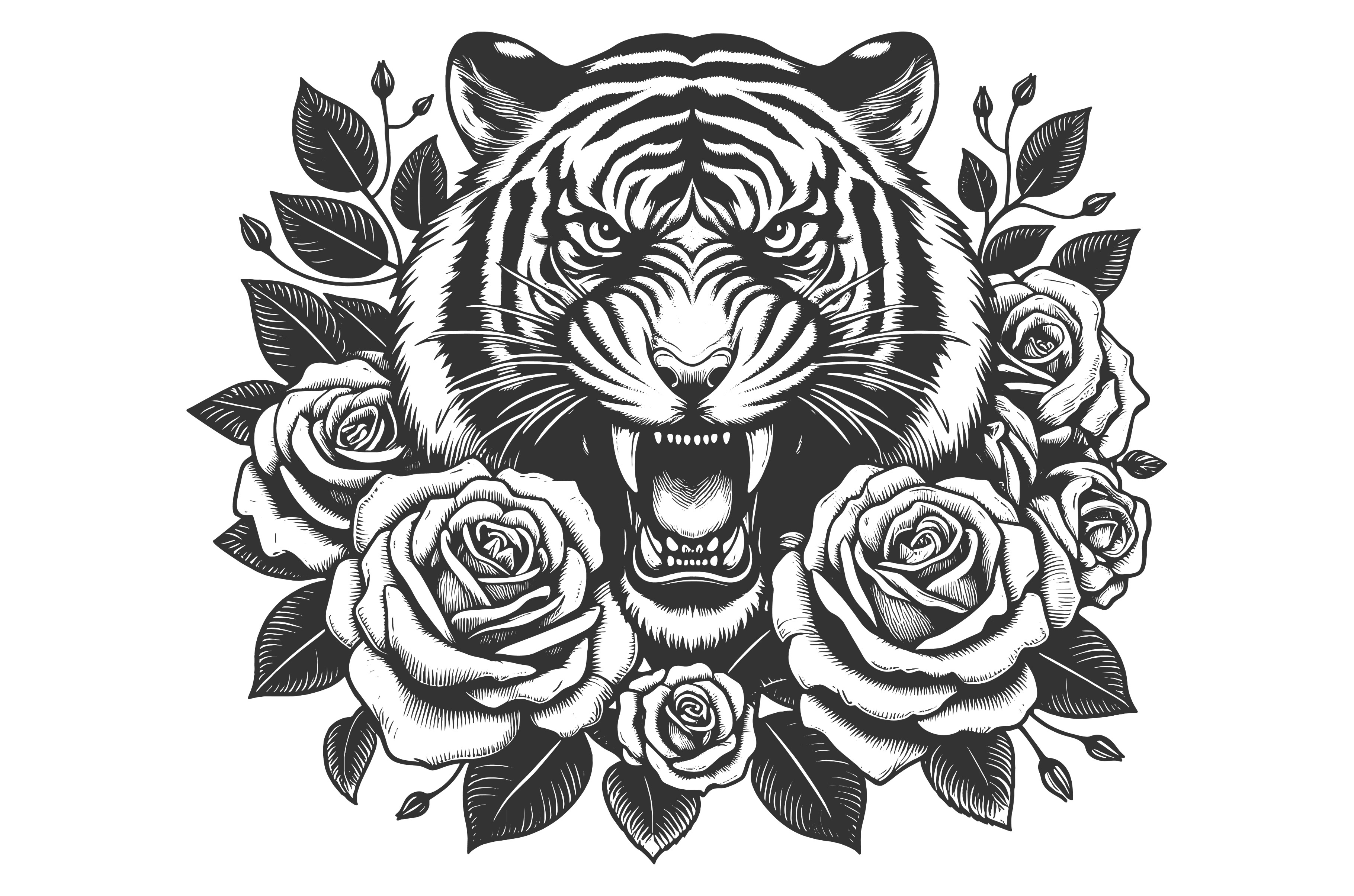 Fierce Tiger with Roses tattoo, an Animal Illustration by AlexArt
