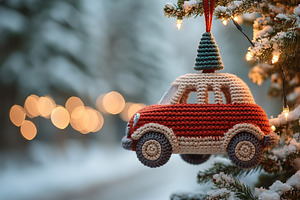 Knitted christmas red car toy hanging on fir tree. New Year 2025, a Holiday Photo by AlyaAnd