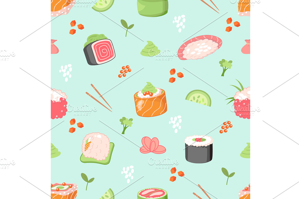 Sushi seamless pattern. Fish rice, a Food Illustration by Valerie Bodnar