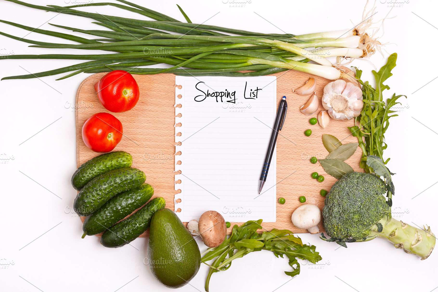 Shopping list featuring avocado, bay leaves, and blank