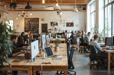 Modern office workspace bustling wit, a Background Photo by Pixeness