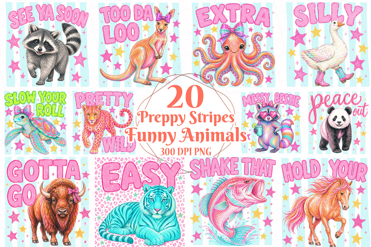 Preppy Stripe Funny Animal Bundle, a Seasonal Illustration by OK Design (Photo 1 of 6)