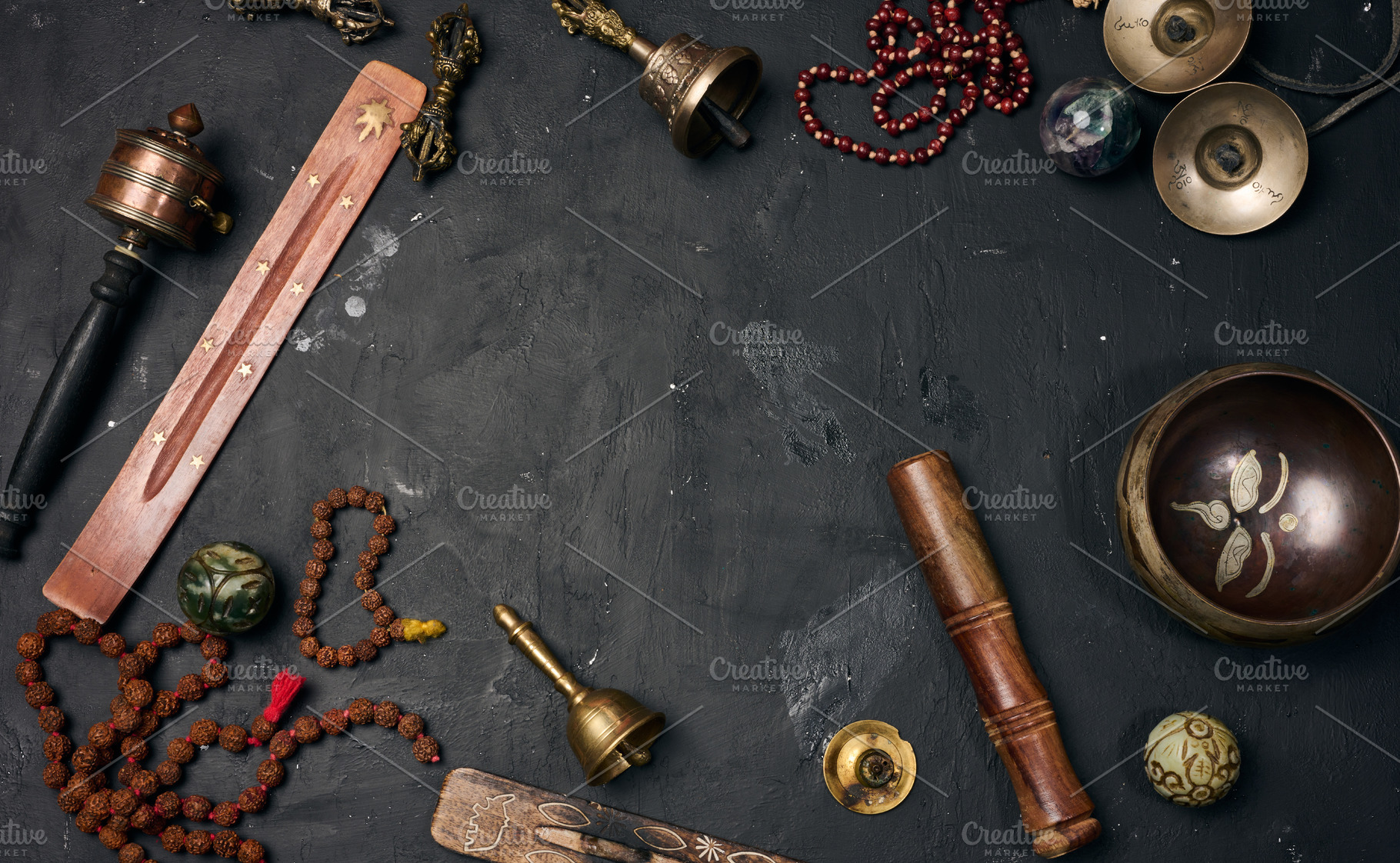 Tibetan singing bowl, wooden resonator, ritual vajras, bell, pra, a Background Photo by ndanko