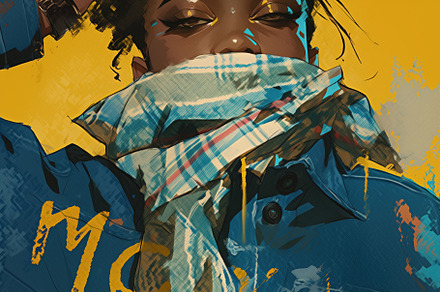 A stylized portrait of a person with a scarf covering their mouth, set against, a Wallpaper Graphic by Textures & Backgrounds