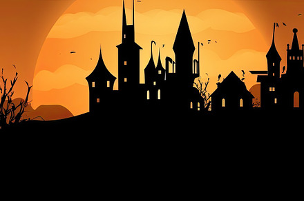 Orange halloween landscape with a haunted castle in the backgrou, a Holiday Photo by José Manuel Gelpi