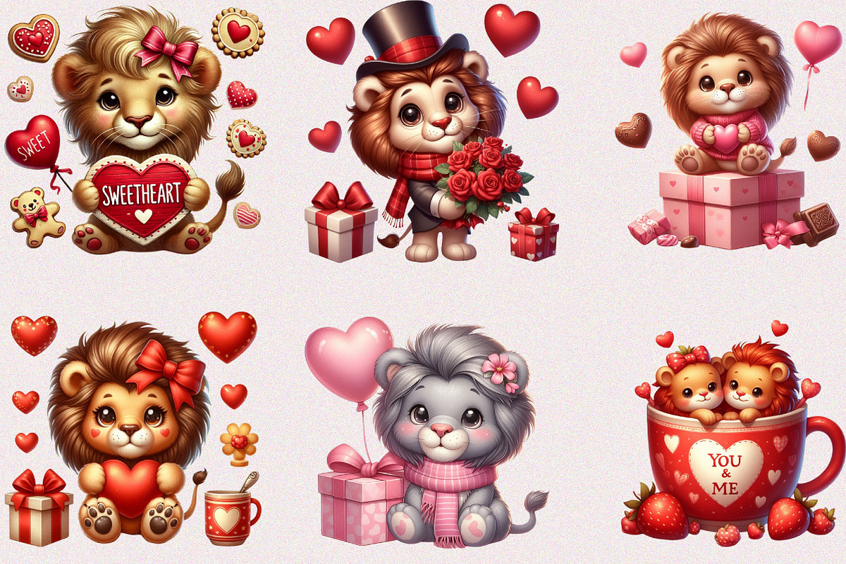 Valentine Cute Lion Clipart Bundle, a Seasonal Illustration by Craft Nest (Photo 2 of 3)