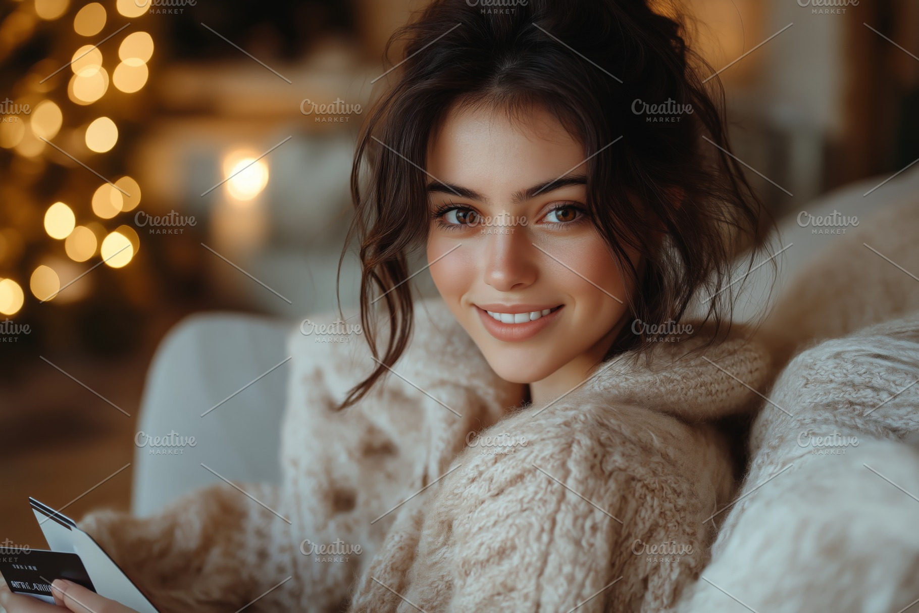 Smiling young woman with medium brown hair in a cozy, knitted sweater indoors,, a Person Photo by ImageMir