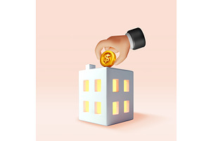 3D apartment house and golden coin, a Finance Illustration by Abscent