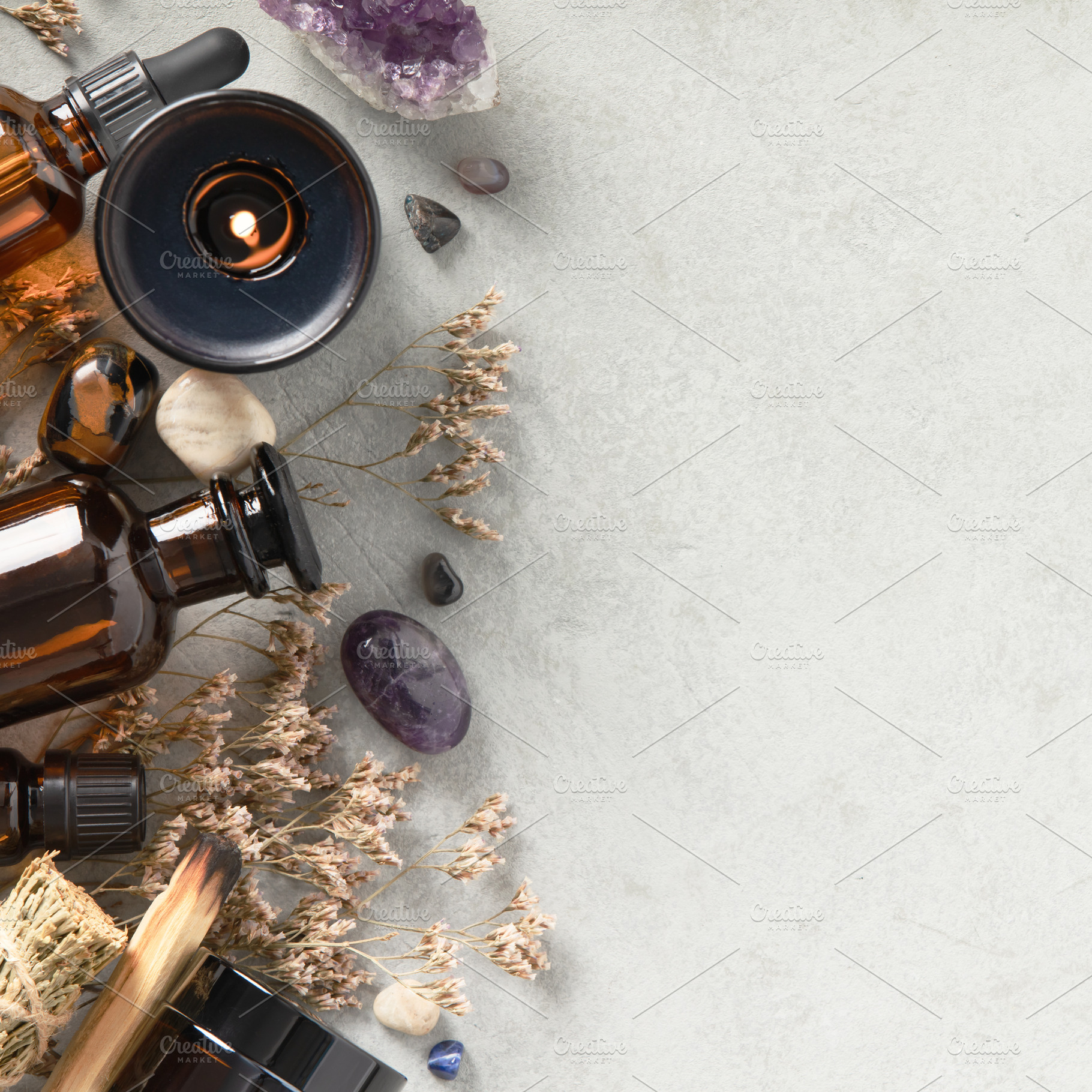 Aromatherapy Bottles with Dried Herbs and Healing Crystals, an Abstract Photo by Natalia Klenova's Shop