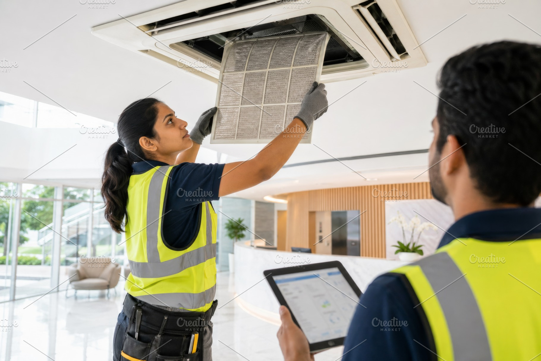 Technicians performing air condition, a Photo by Dvoevnore photos