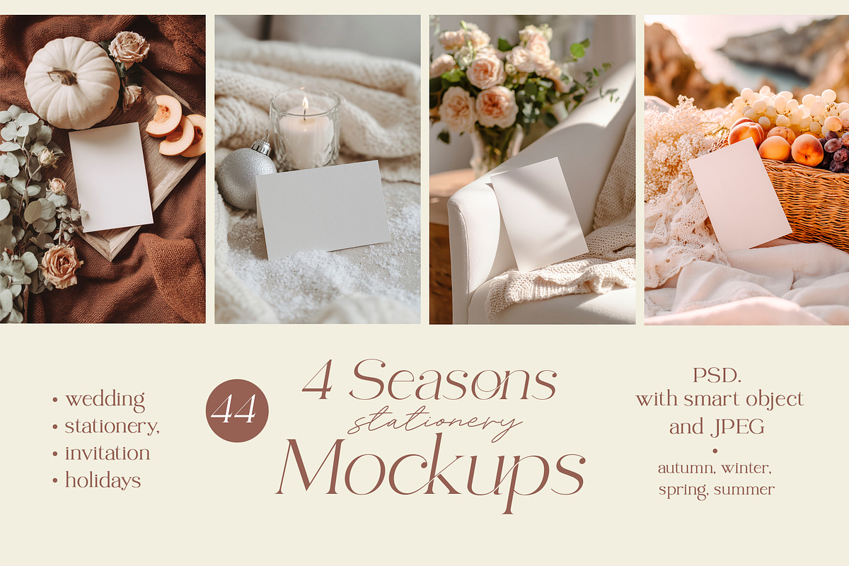 4 Seasons Stationery Card Mockups, a Books & Magazine Mockup by Designwork (Photo 1 of 11)