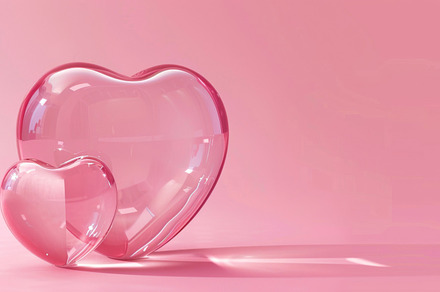 Pink glass hearts on pink background, concept of love, a Photo by Dvoevnore photos