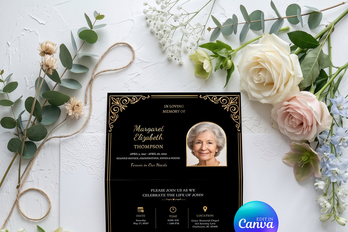 Black Gold Funeral Program Template, an Invitation Template by Arslan (Photo 3 of 3)