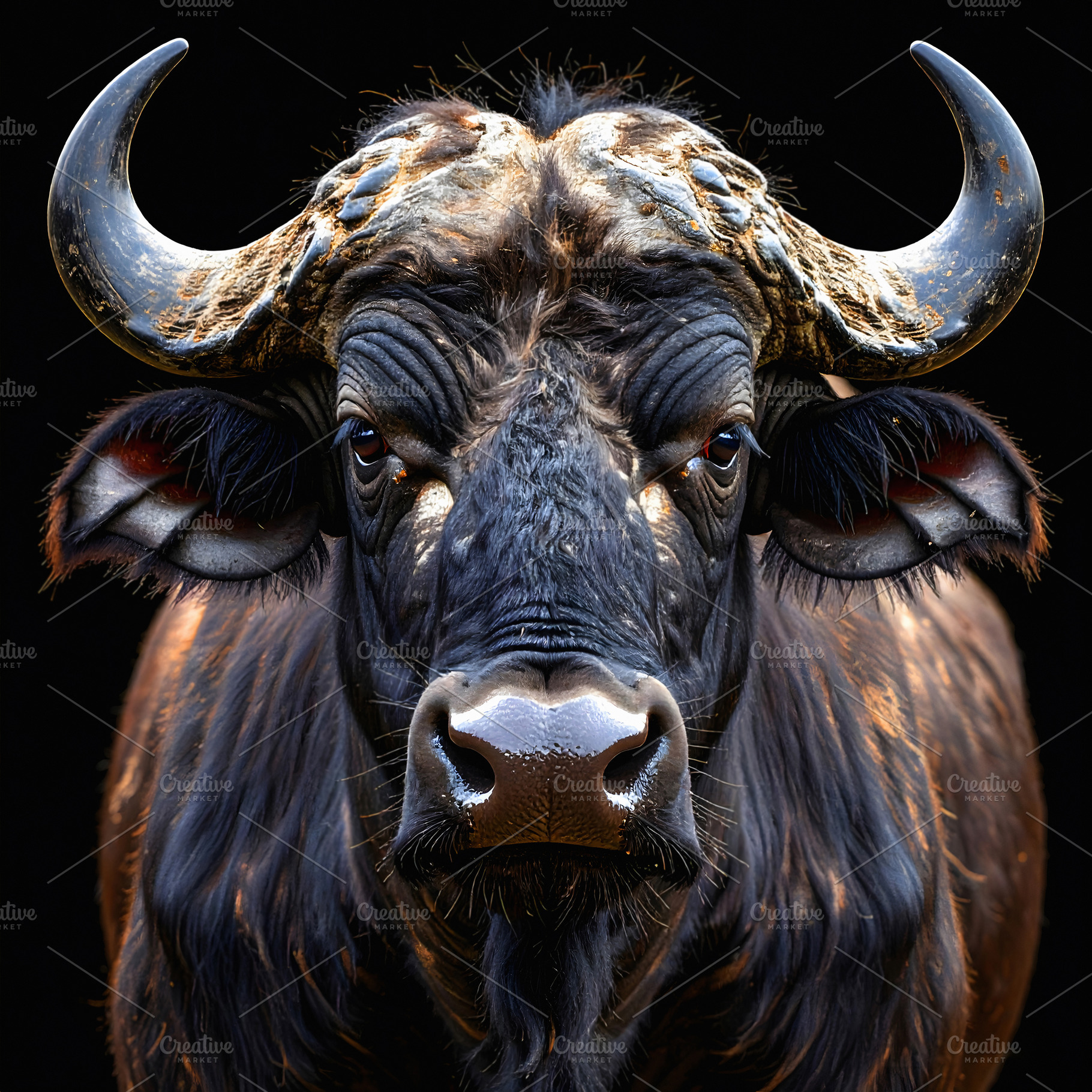 Wild african buffalo portrait with massive horns and dark eyes, an Animal Photo by GoodGoods