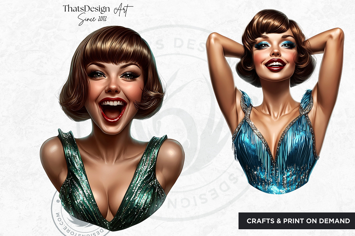 Vintage flappers clipart set, a Decorative Illustration by ThatsDesignArt (Photo 7 of 10)