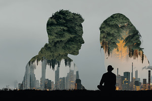 Double exposure silhouettes of two people with forest overlay over cityscape an, an Illustration by AS photostudio