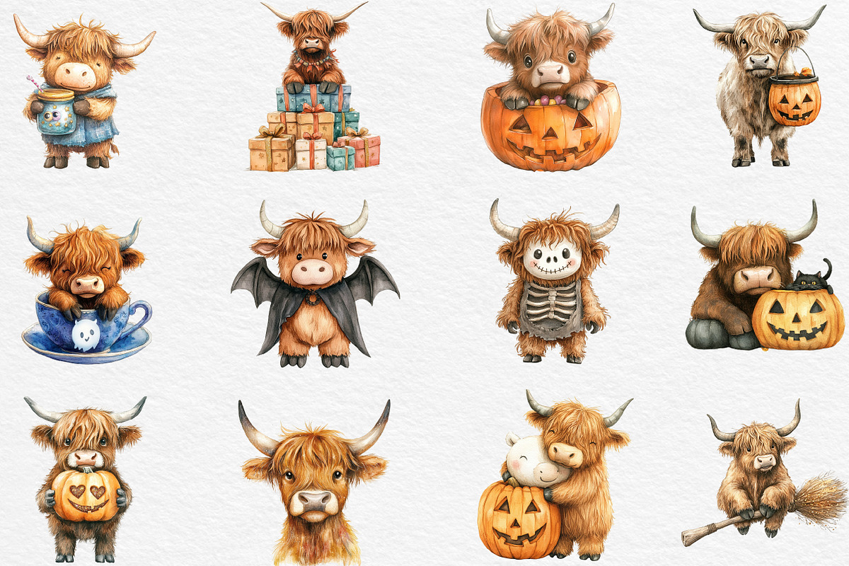 Halloween Highland Cow Clipart, an Illustration by Black Bird Studio (Photo 6 of 6)