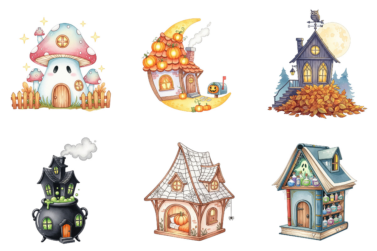 Cute Halloween Cottage Clipart, an Illustration by Watercolor design (Photo 2 of 4)