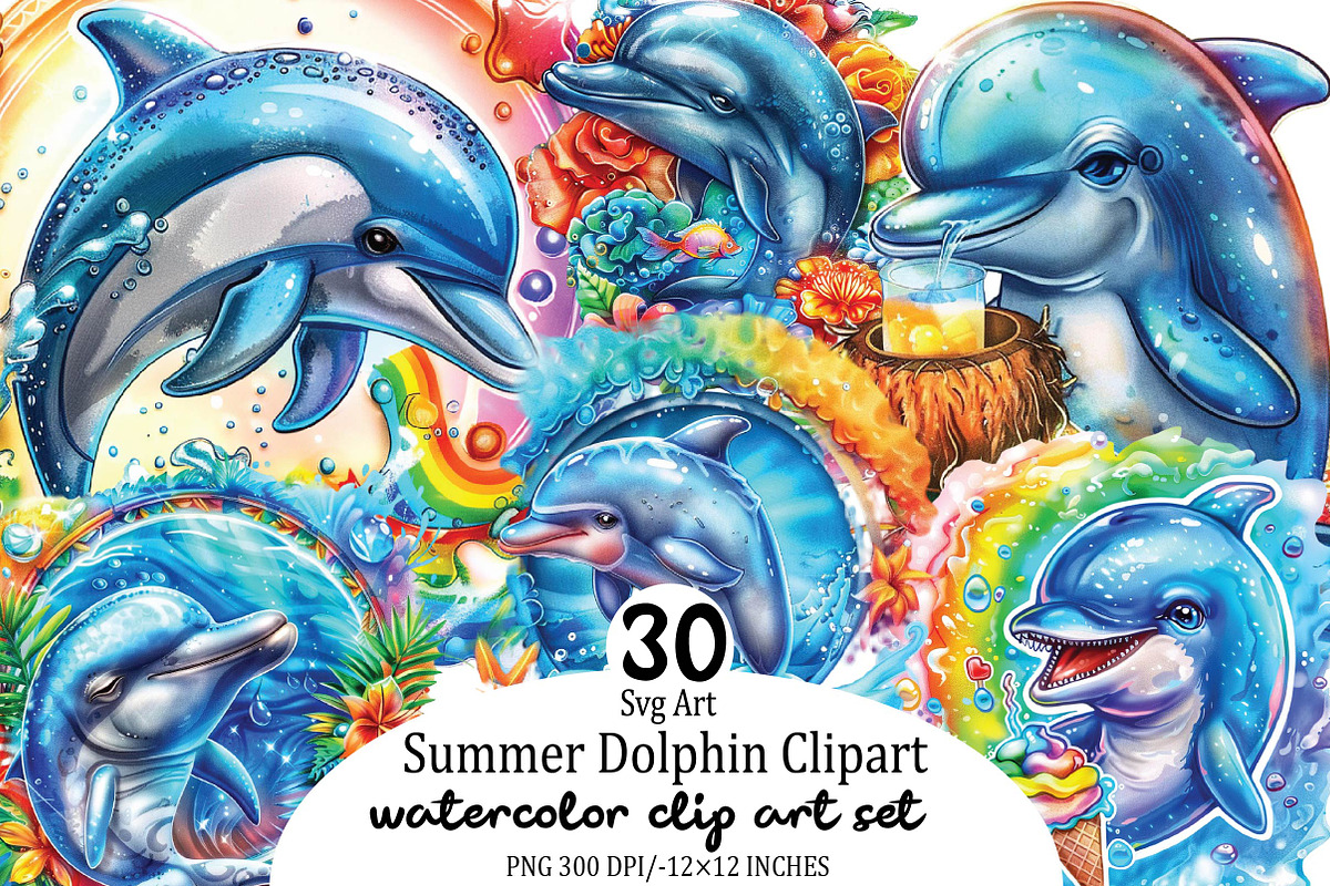 Watercolor Summer Dolphin Clipart Bu, an Illustration by SVGArt (Photo 1 of 9)